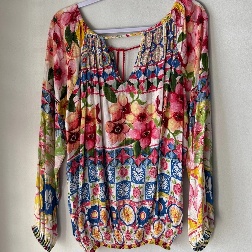 Desigual bright Carola floral boho chic peasant blouse top with beaded tassel - Picture 9 of 9